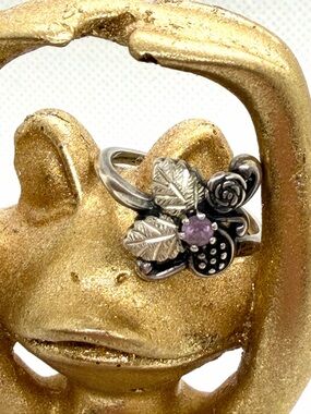 Sterling Silver & Black Hills Gold Plated Floral Leaf Ring with Purple Stone